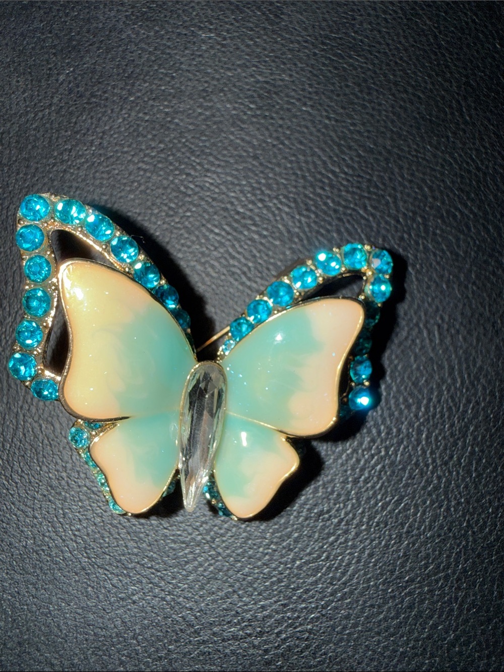Butterfly Brooch Pin - Turquoise & Cream Crystal Accent